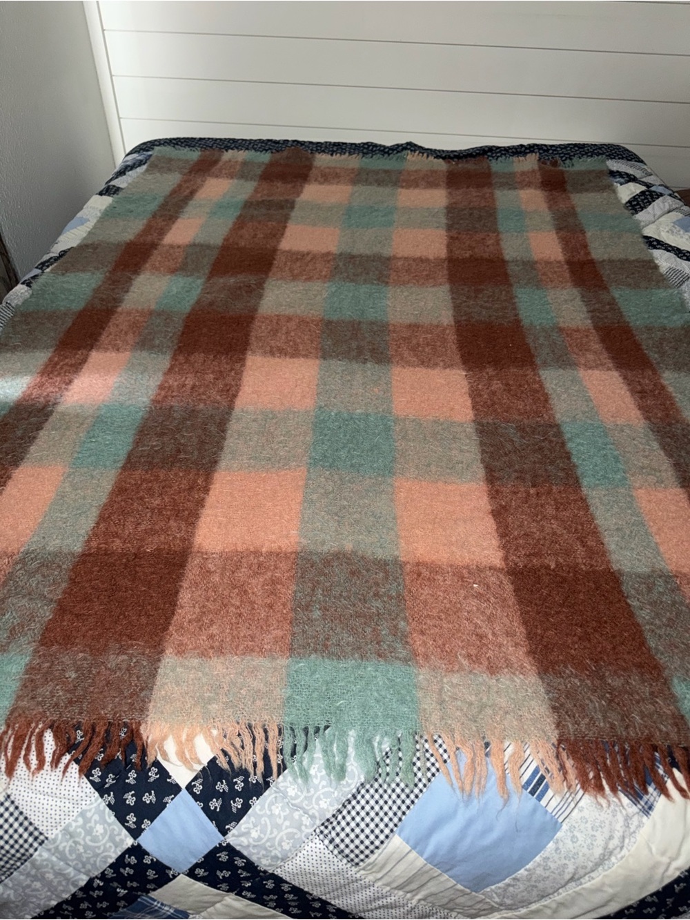 Cottagecore Vintage Scottish Mohair Plaid Fringe Wool Throw Blanket